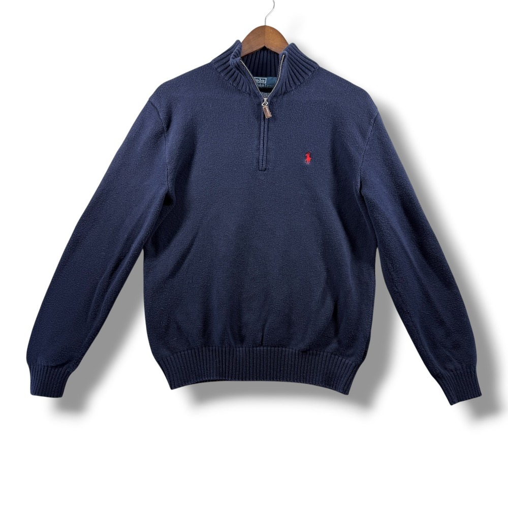 Polo Ralph Lauren Mens Navy Blue 100% Cotton Quarter Zip Pullover Sweater Small